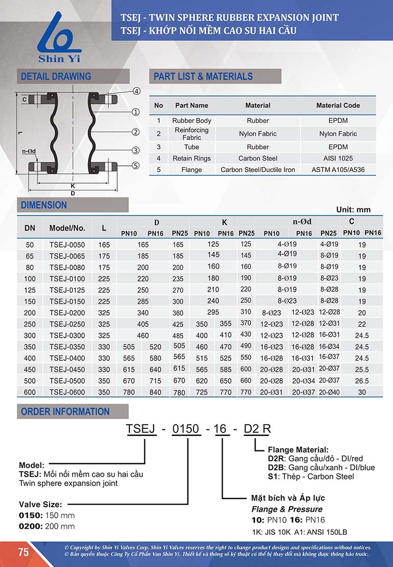 Catalog thông số kỹ thuật khớp nối mềm cao su hai cầu ShinYi – TSEJ