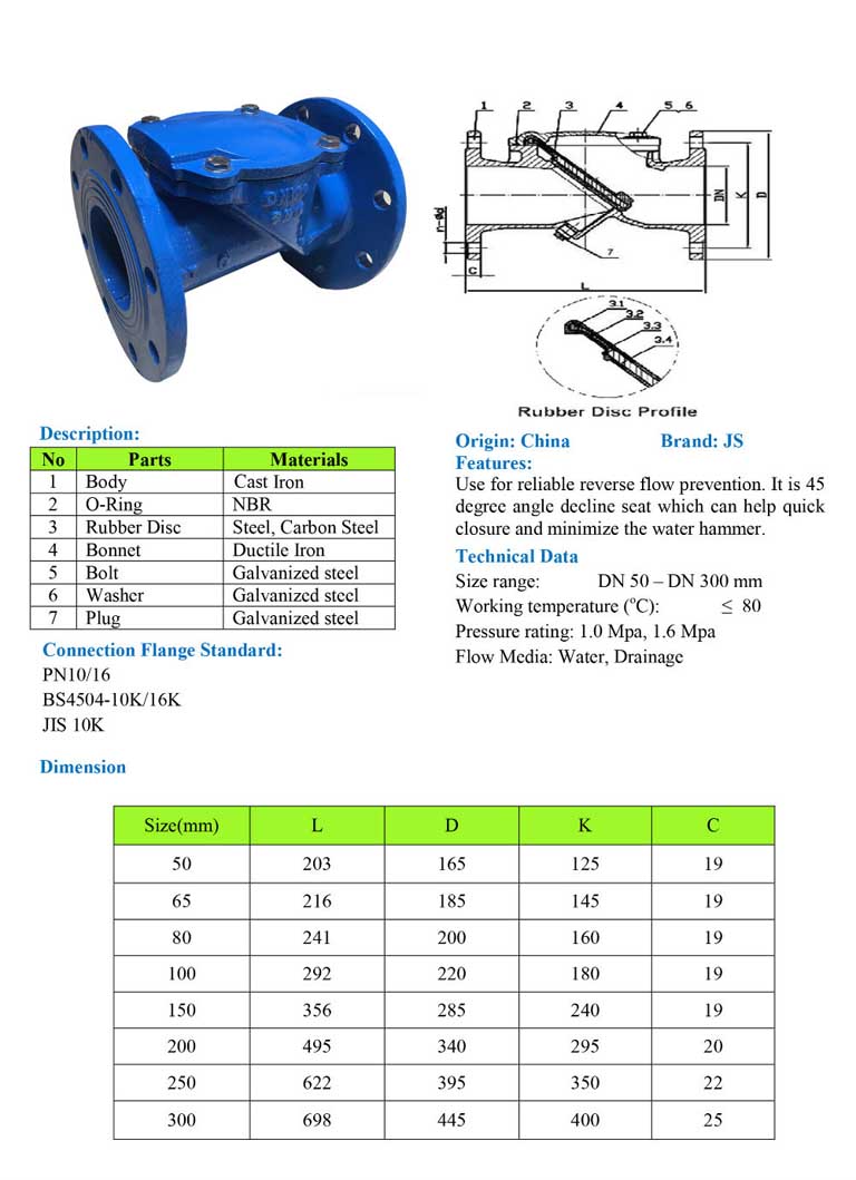 Bảng thông số kỹ thuật của van 1 chiều cánh cao su JS